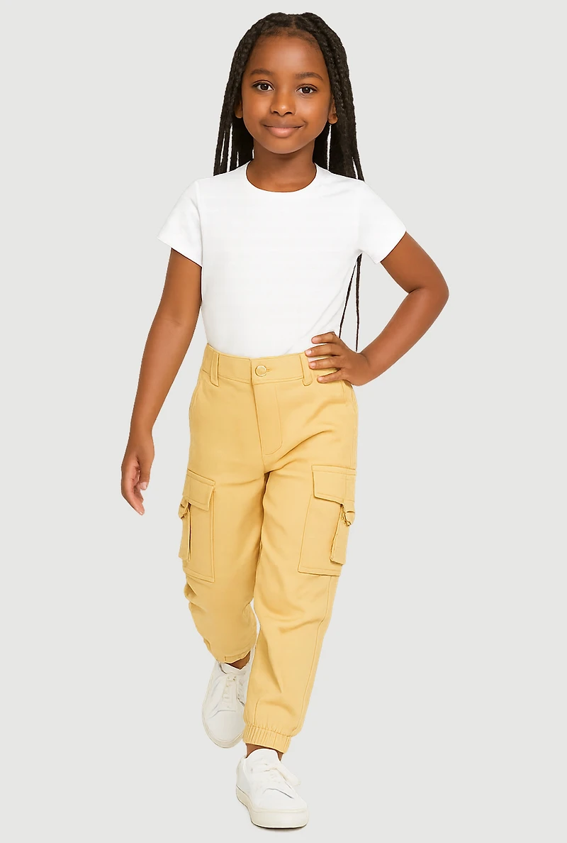 Little Girls Solid Twill Cargo Joggers with D-Ring Buckles, Khaki, Size 6