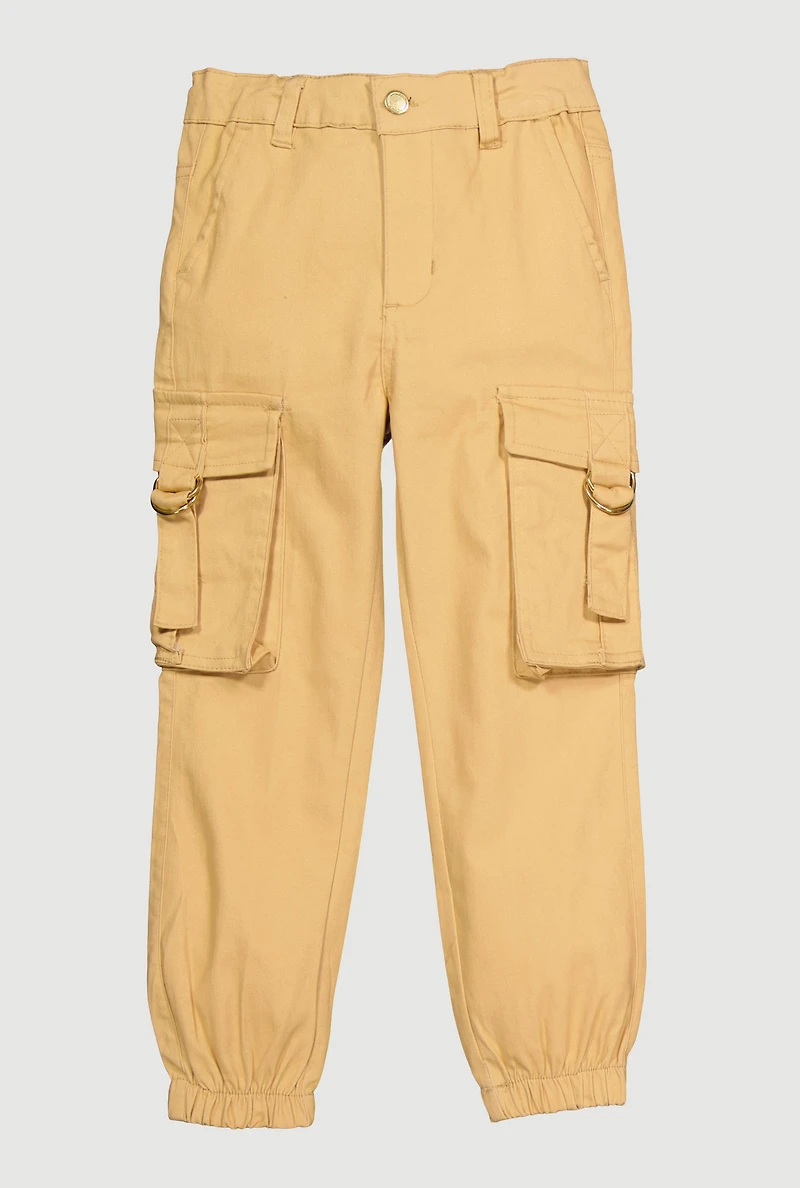 Little Girls Solid Twill Cargo Joggers with D-Ring Buckles, Khaki, Size 5