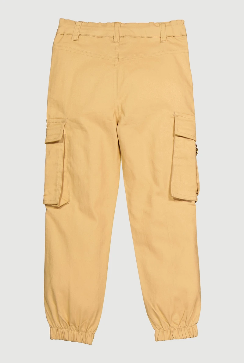 Little Girls Solid Twill Cargo Joggers with D-Ring Buckles, Khaki, Size 5