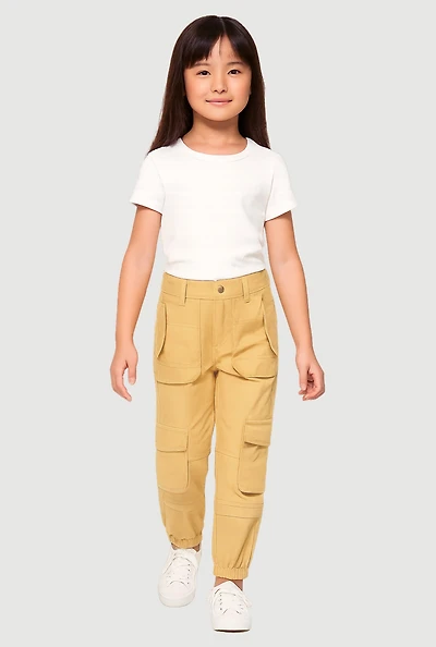 Little Girls Twill Cargo Joggers, Khaki, Size 4