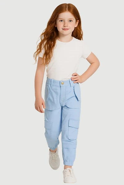 Little Girls Twill Cargo Joggers, Blue, Size 6
