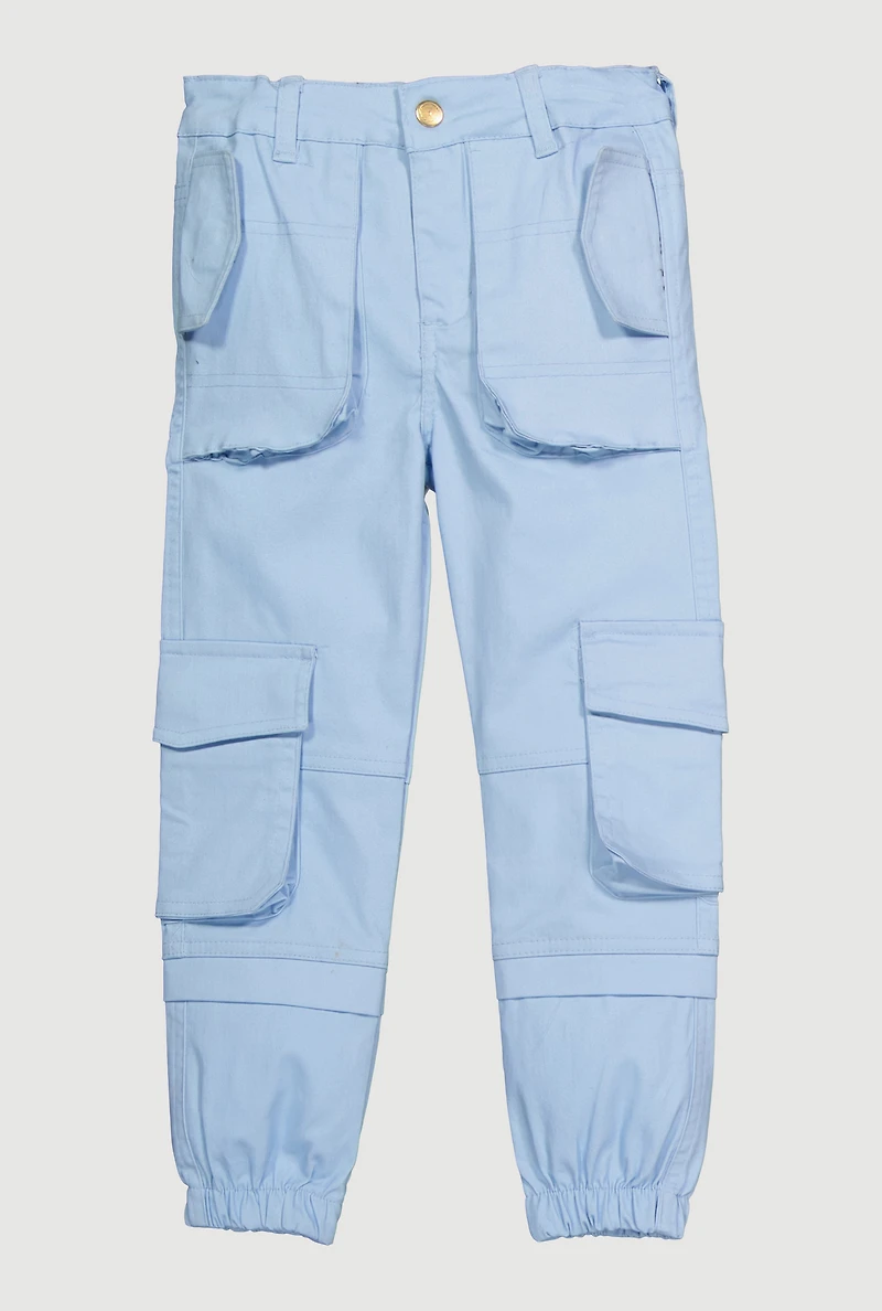 Little Girls Twill Cargo Joggers, Blue, Size 5