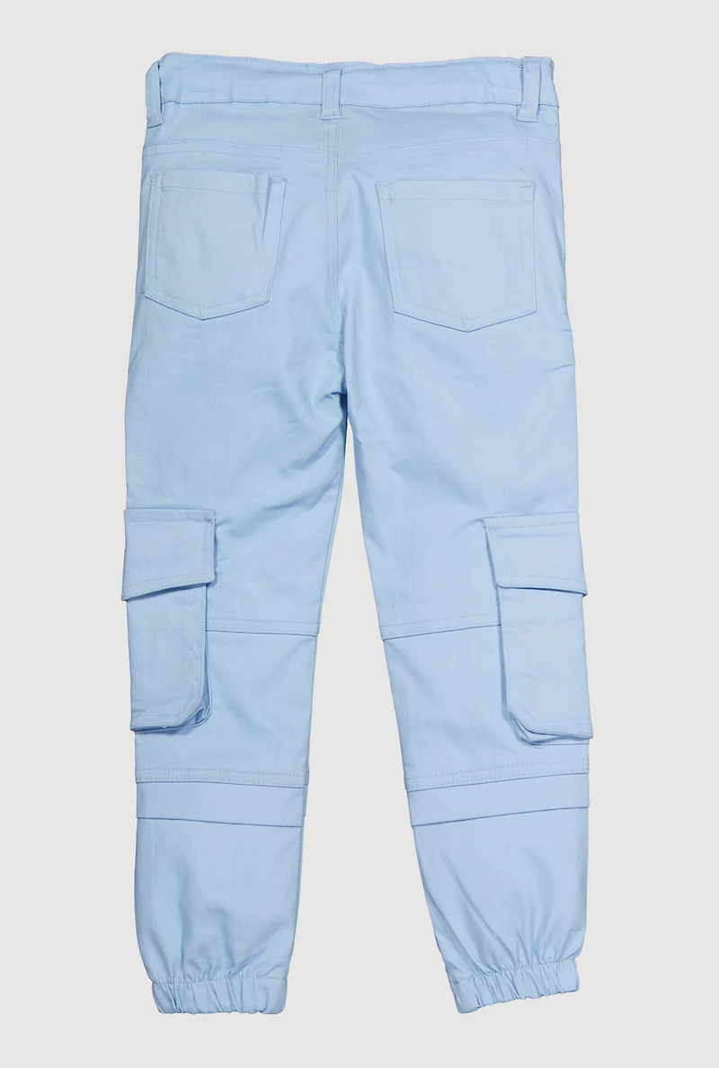 Little Girls Twill Cargo Joggers, Blue, Size 5