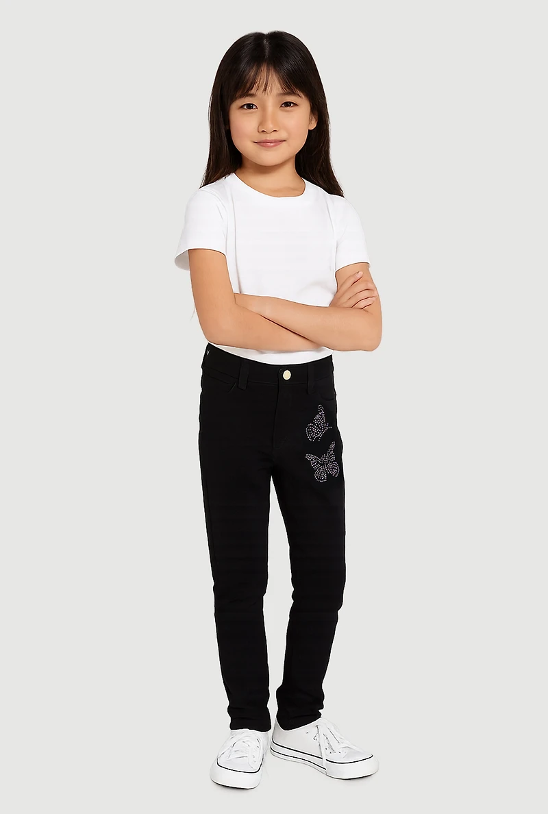 Little Girls Rhinestone Butterfly Hyper Stretch Skinny Pants,