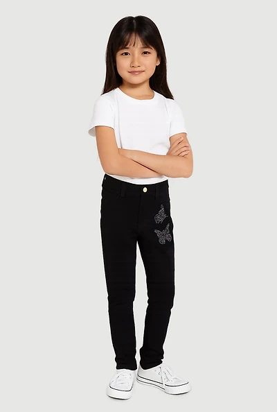 Little Girls Rhinestone Butterfly Hyper Stretch Skinny Pants, Black, Size 4
