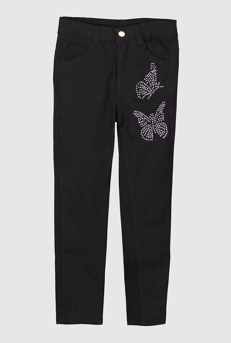 Little Girls Rhinestone Butterfly Hyper Stretch Skinny Pants,