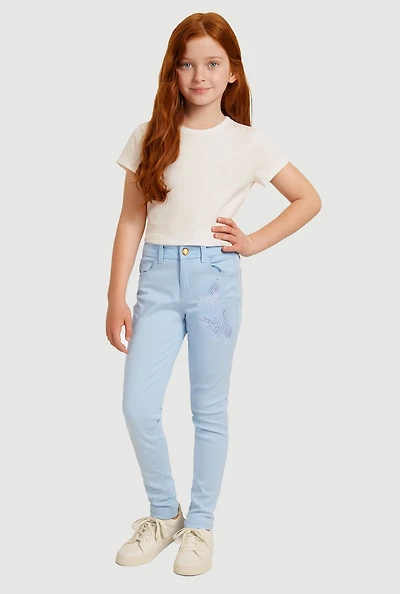Little Girls Rhinestone Butterfly Hyper Stretch Skinny Pants, Blue, Size 6X