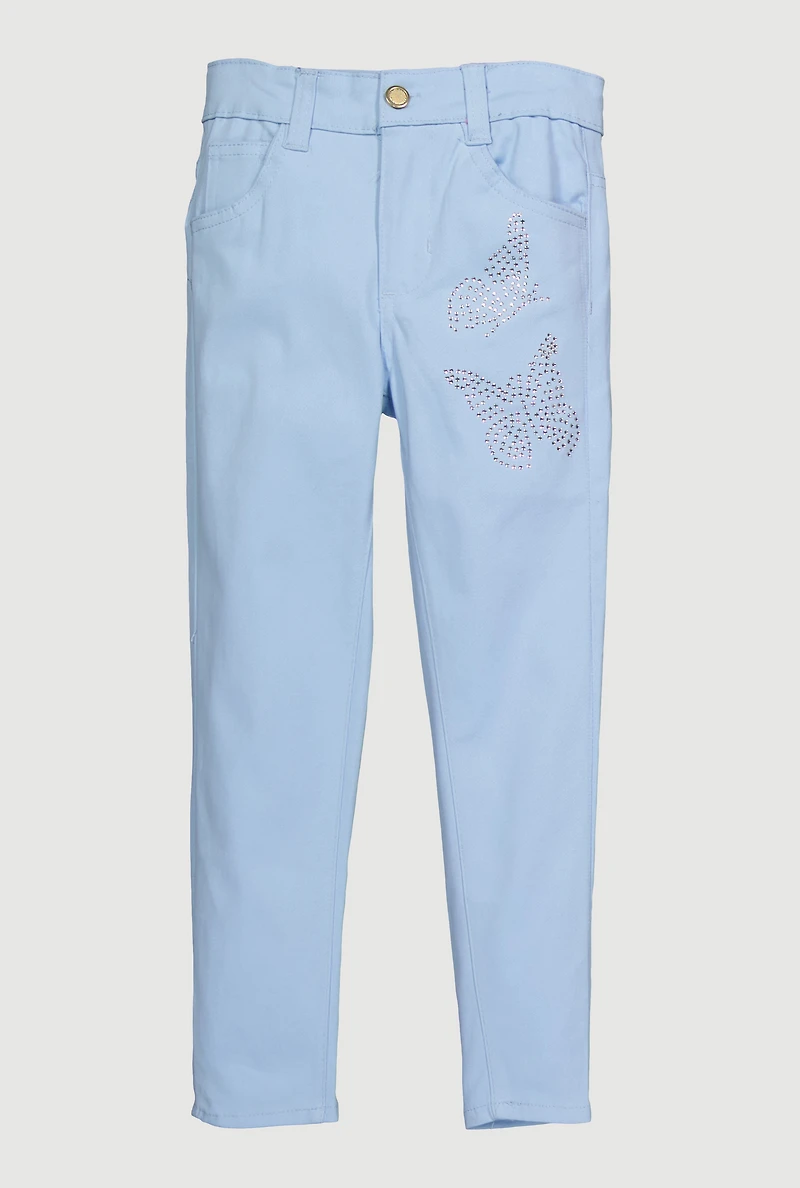 Little Girls Rhinestone Butterfly Hyper Stretch Skinny Pants, Blue, Size 6X