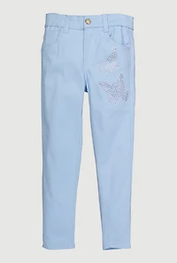 Little Girls Rhinestone Butterfly Hyper Stretch Skinny Pants, Blue, Size 6X