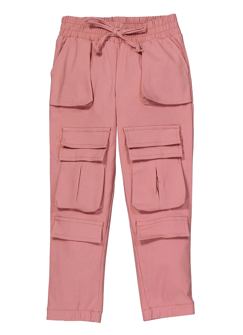 Little Girls Drawstring Waist Cargo Pants, 5