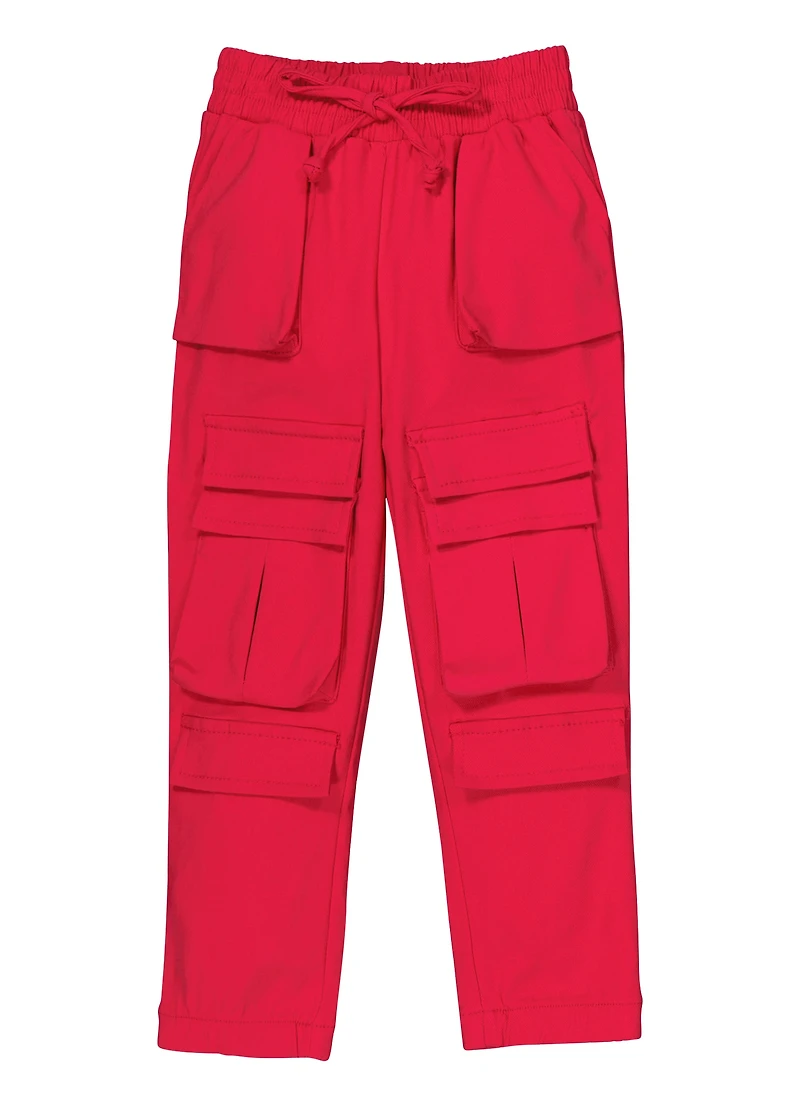 Little Girls Drawstring Waist Cargo Pants, Red, Size 5