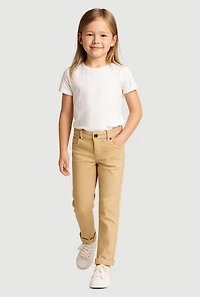 Little Girls Solid Mid Rise Stretch Straight Leg Pants, Khaki, Size 6