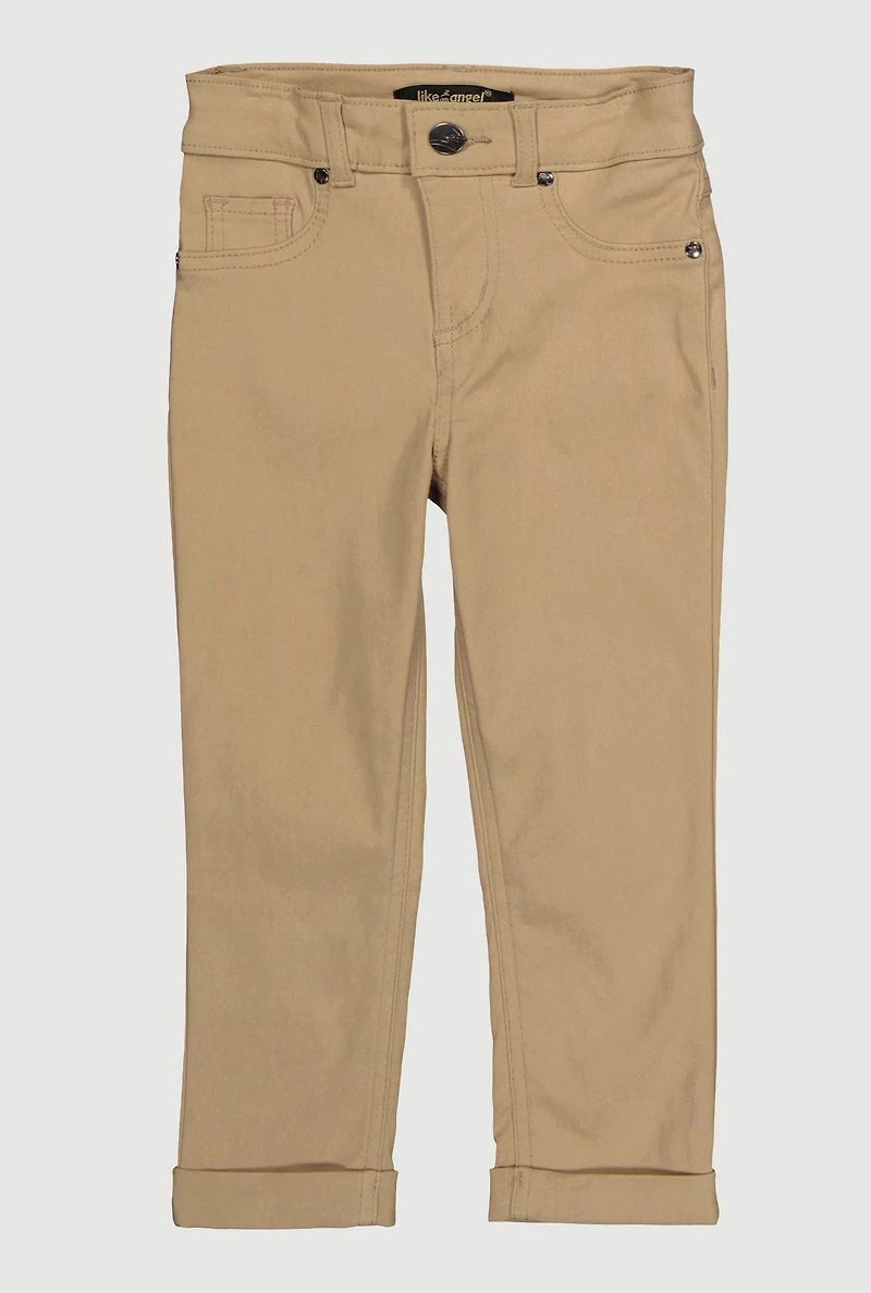 Little Girls Solid Mid Rise Stretch Straight Leg Pants, Khaki, Size 6