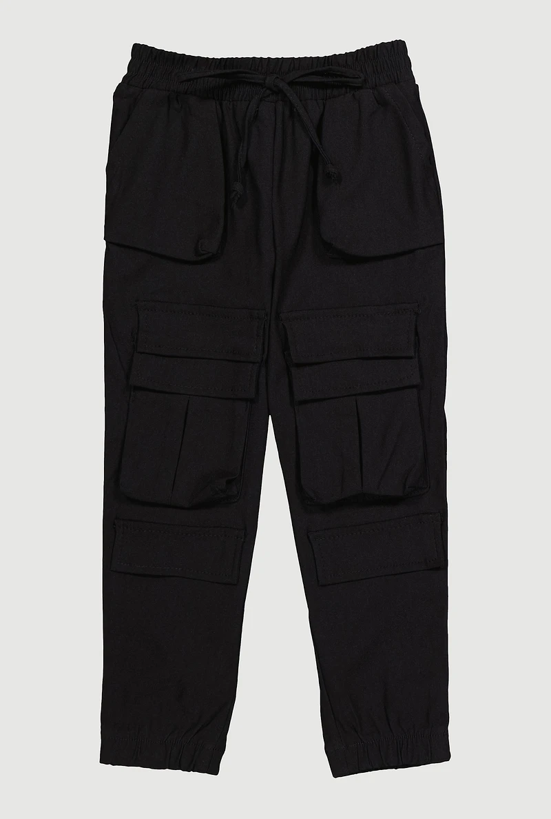 Little Girls Elastic Waist Cargo Pocket Joggers, Black, Size 6X