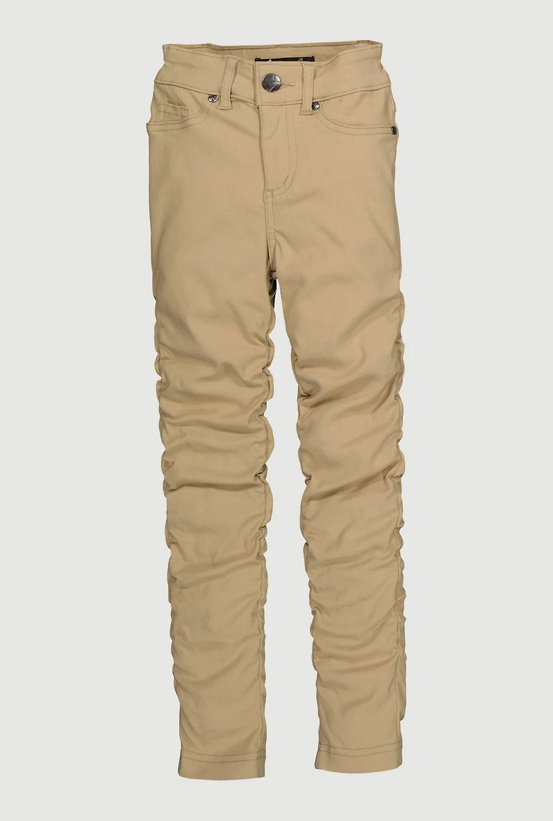 Little Girls Mid Rise Side Ruched Stretchy Pants, Khaki, Size 5