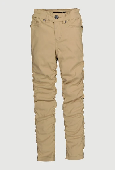Little Girls Mid Rise Side Ruched Stretchy Pants, Khaki, Size 5
