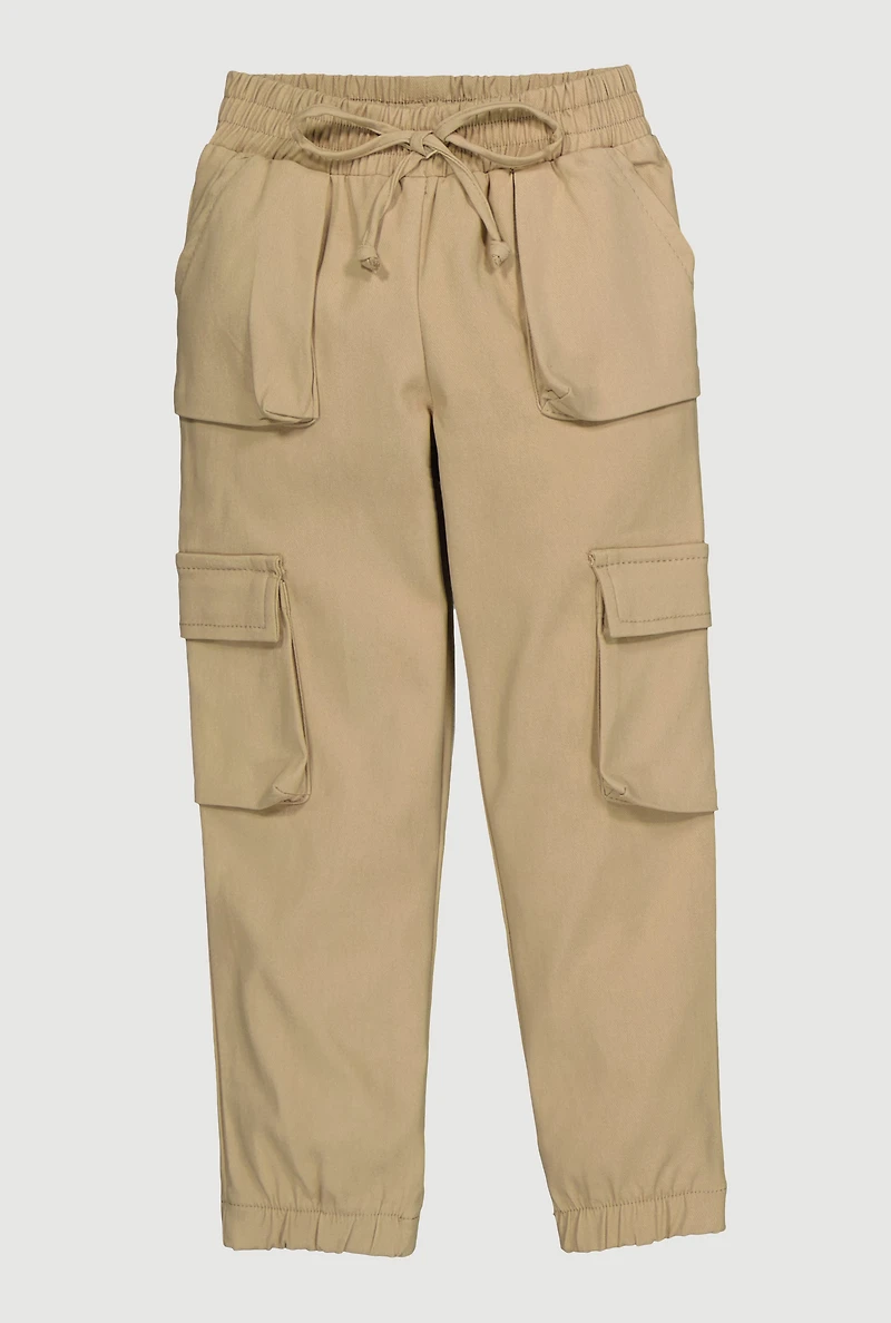 Little Girls Elastic Waist Hyperstretch Cargo Pants, Khaki, Size 6