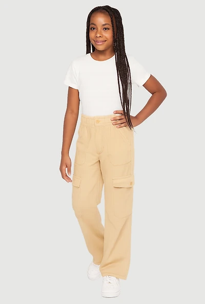 Girls Twill Elastic Waist Straight Leg Cargo Pants, Khaki, Size 14-16