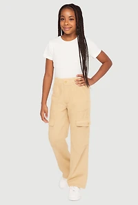 Girls Twill Elastic Waist Straight Leg Cargo Pants, Khaki,