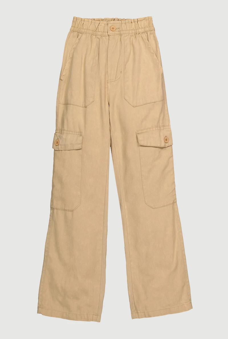 Girls Twill Elastic Waist Straight Leg Cargo Pants, Khaki, Size 7-8