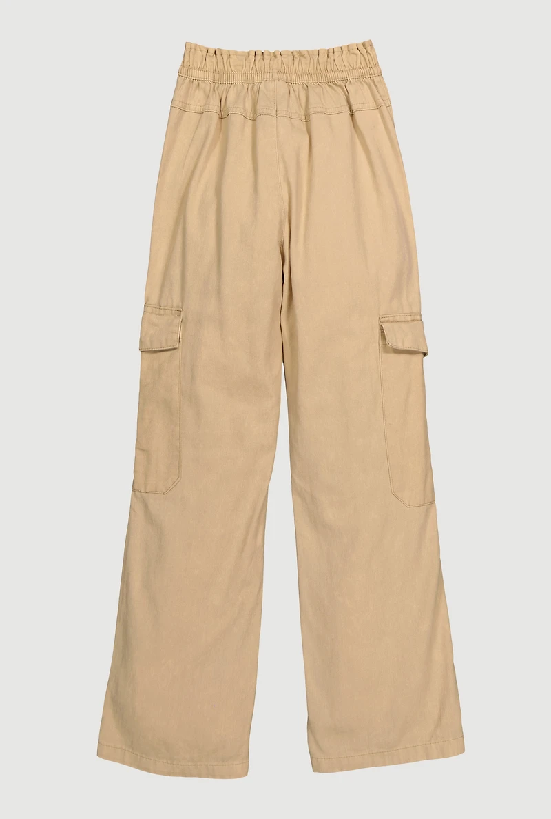 Girls Twill Elastic Waist Straight Leg Cargo Pants, Khaki,
