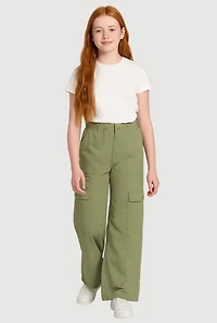 Girls Twill Elastic Waist Straight Leg Cargo Pants