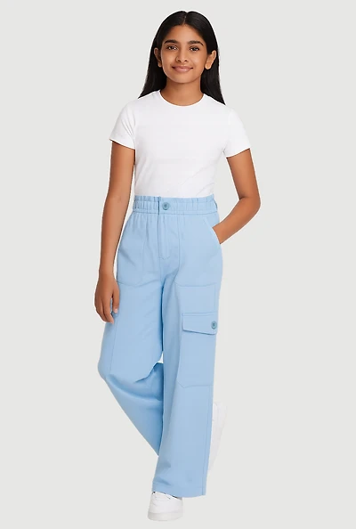 Girls Twill Elastic Waist Straight Leg Cargo Pants,