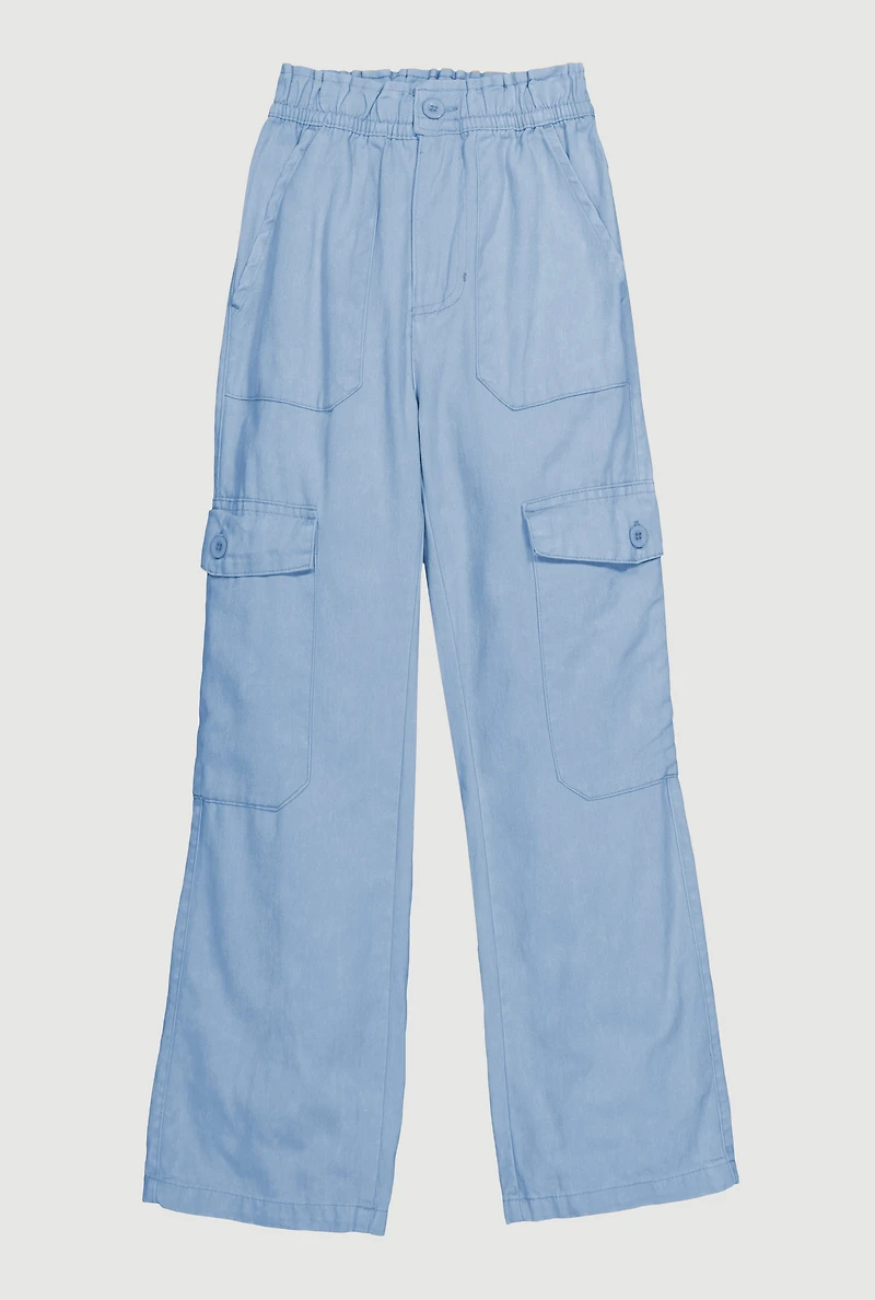 Girls Twill Elastic Waist Straight Leg Cargo Pants,