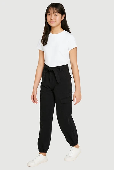 Girls Twill Cargo Joggers with Tie Waist Belt, 7-8