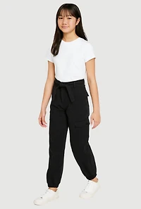 Girls Twill Cargo Joggers with Tie Waist Belt, 7-8