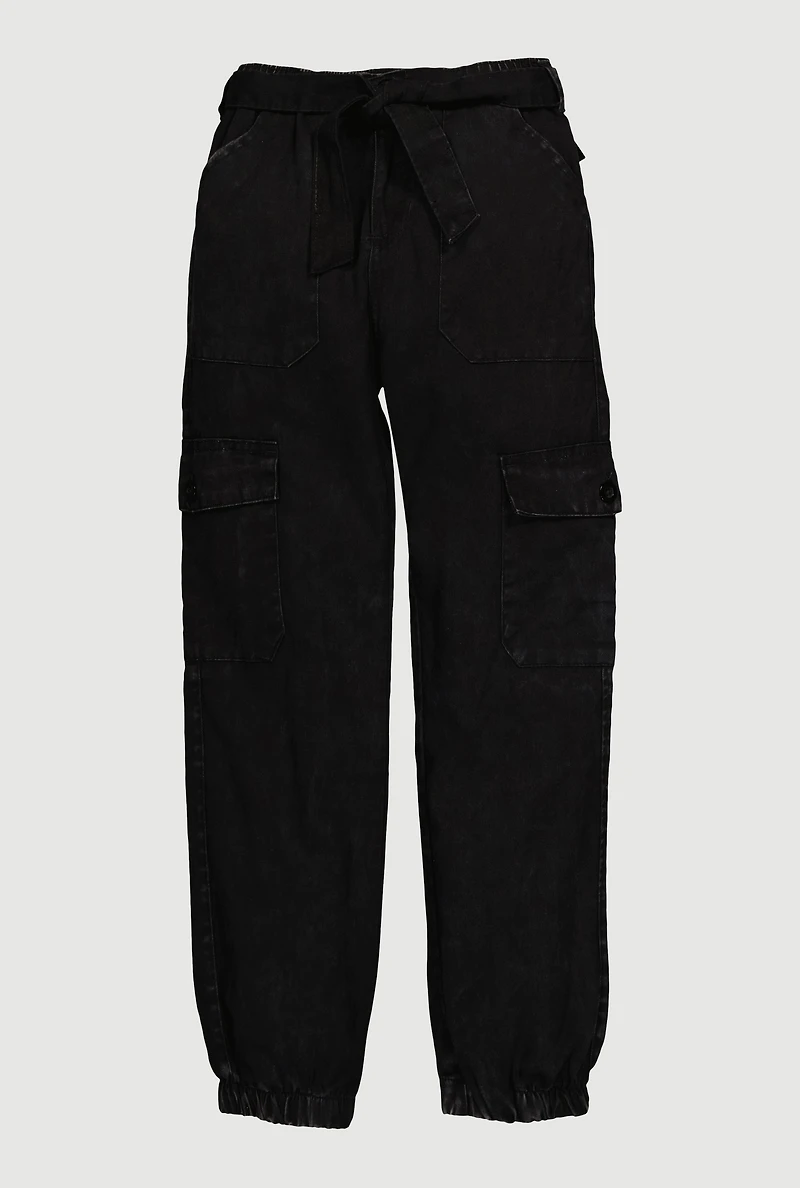 Girls Twill Cargo Joggers with Tie Waist Belt, 7-8