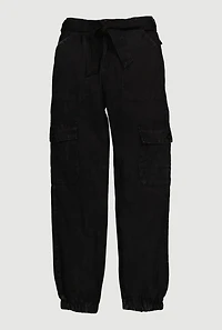 Girls Twill Cargo Joggers with Tie Waist Belt, Black, Size 7-8