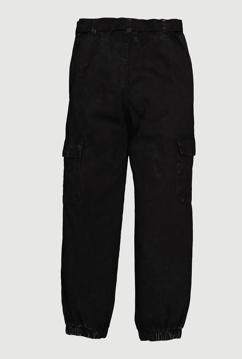 Girls Twill Cargo Joggers with Tie Waist Belt, 7-8