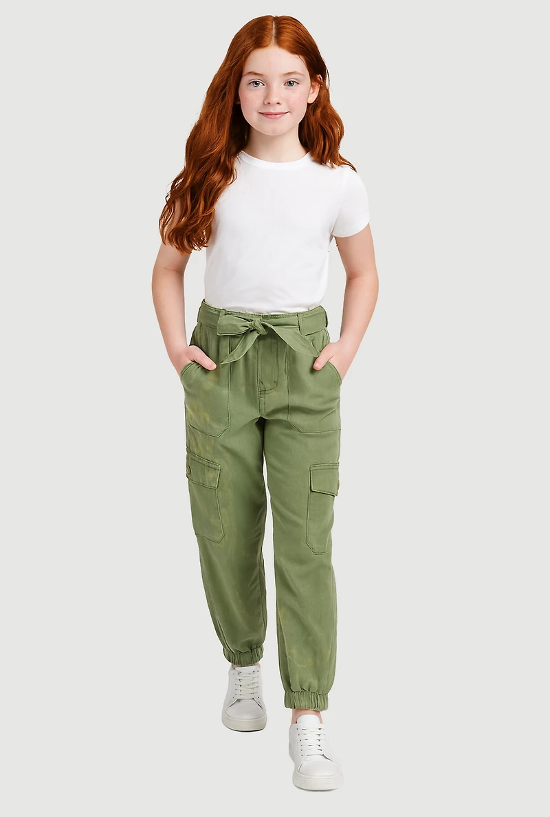 Girls Twill Cargo Joggers with Tie Waist Belt, Green, Size 7-8