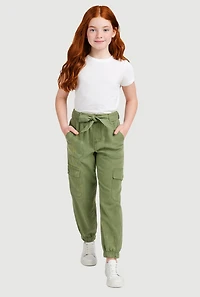 Girls Twill Cargo Joggers with Tie Waist Belt, Green, Size 7-8