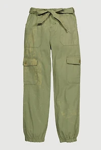 Girls Twill Cargo Joggers with Tie Waist Belt, Green, Size 7-8