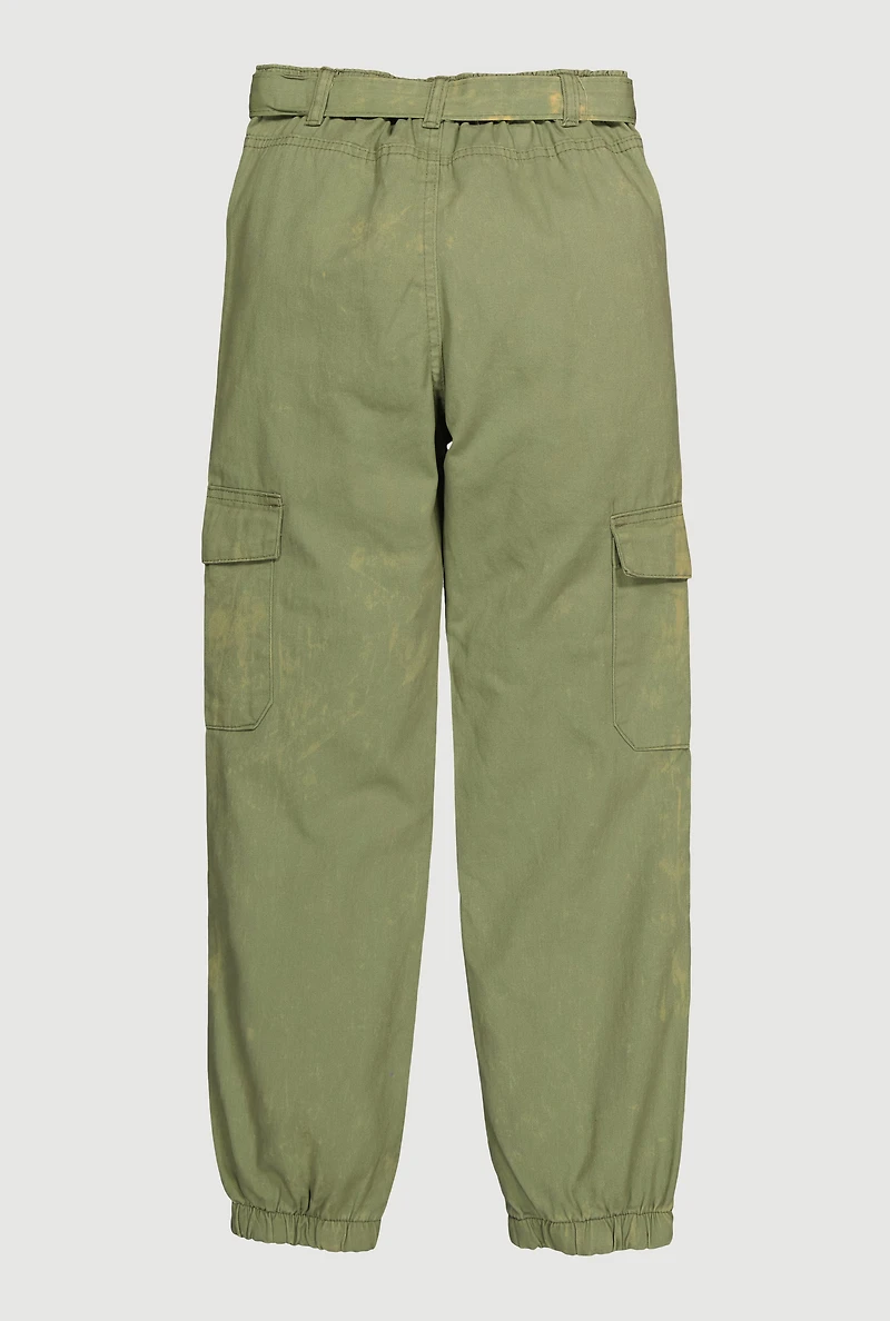 Girls Twill Cargo Joggers with Tie Waist Belt, Green, Size 14-16