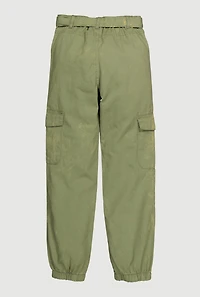 Girls Twill Cargo Joggers with Tie Waist Belt, Green, Size 14-16