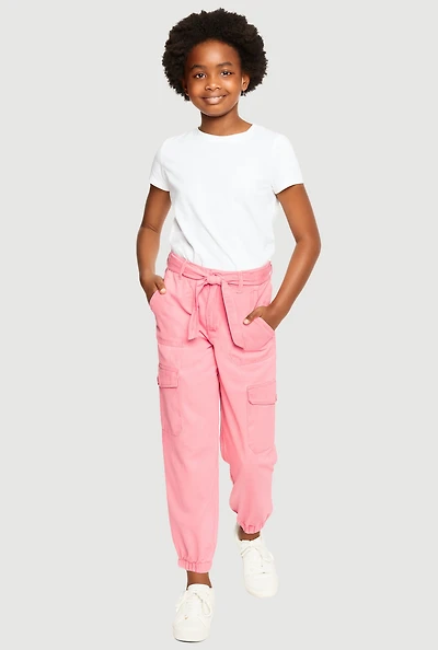 Girls Twill Cargo Joggers with Tie Waist Belt, Pink, Size 14-16