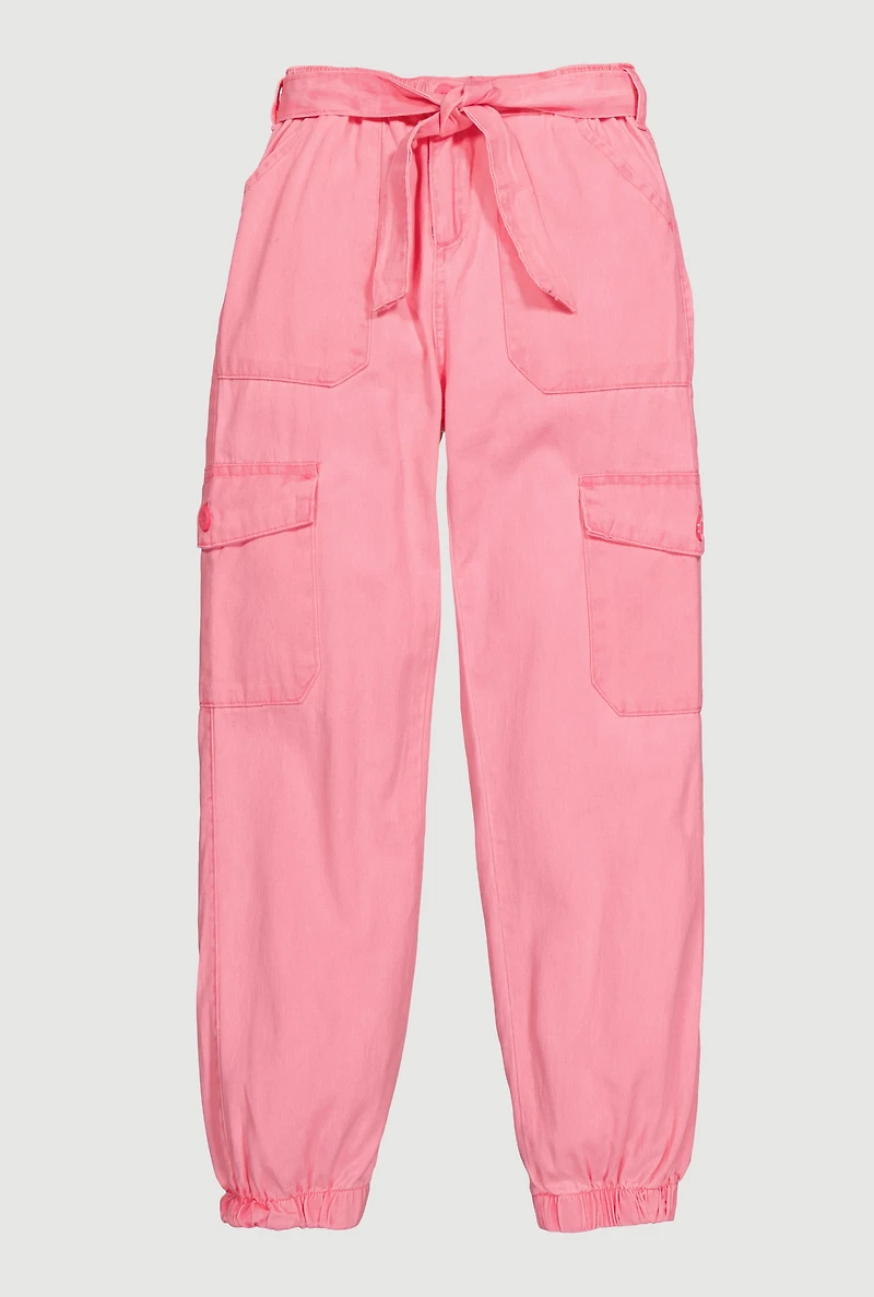 Girls Twill Cargo Joggers with Tie Waist Belt, Pink,