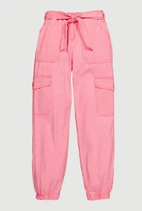 Girls Twill Cargo Joggers with Tie Waist Belt, Pink,