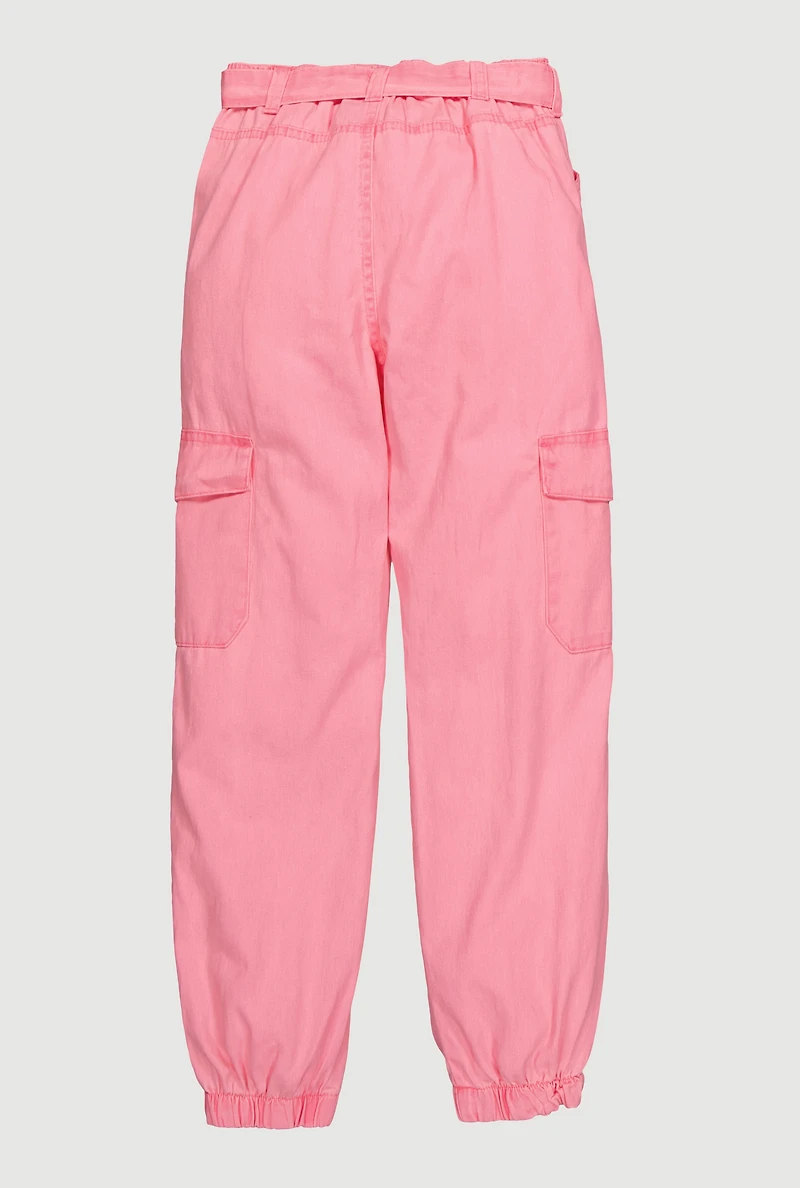 Girls Twill Cargo Joggers with Tie Waist Belt, Pink, Size 14-16