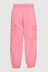 Girls Twill Cargo Joggers with Tie Waist Belt, Pink, Size 14-16