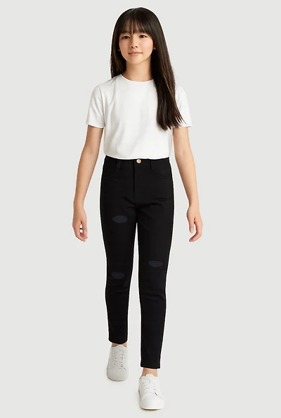 Girls Distressed Detail Skinny Leg Twill Pants, Black, Size 10