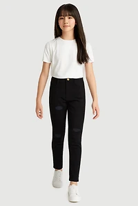 Girls Distressed Detail Skinny Leg Twill Pants, Black, Size 10
