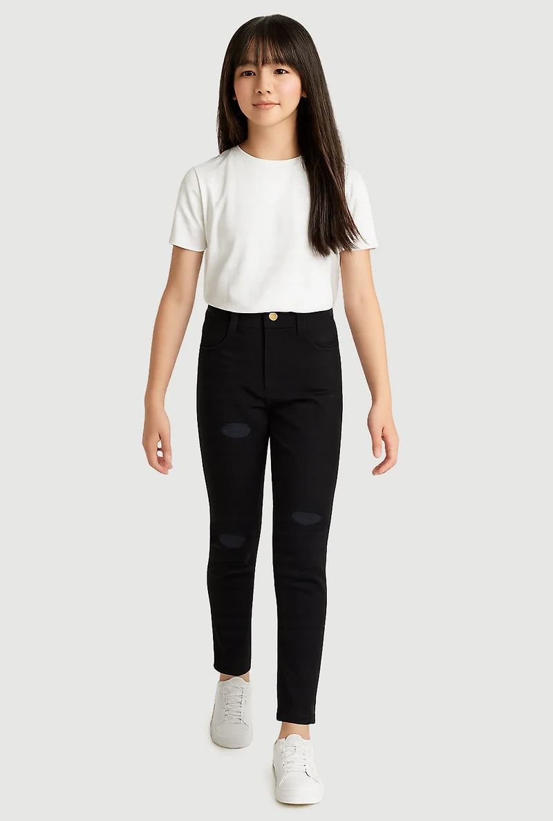Girls Distressed Detail Skinny Leg Twill Pants, Black,
