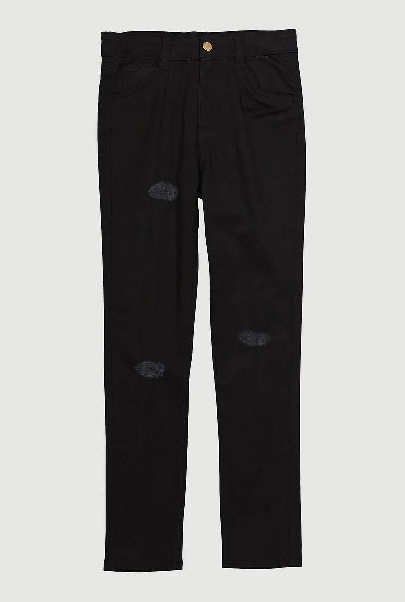 Girls Distressed Detail Skinny Leg Twill Pants, Black, Size 10