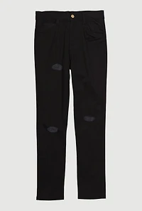 Girls Distressed Detail Skinny Leg Twill Pants, Black,