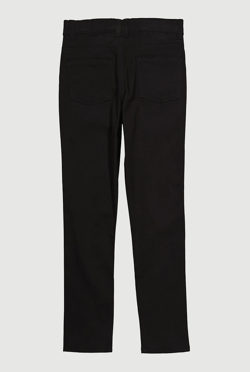 Girls Distressed Detail Skinny Leg Twill Pants, Black, Size 10