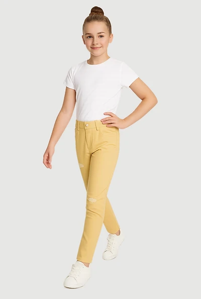 Girls Distressed Detail Skinny Leg Twill Pants, Khaki, Size 12
